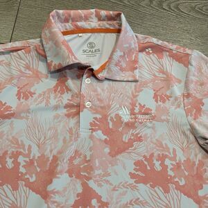 Scales Golf Polo Mens Medium Marriott Resort Grand Cayman Pink Coral Pattern AOP